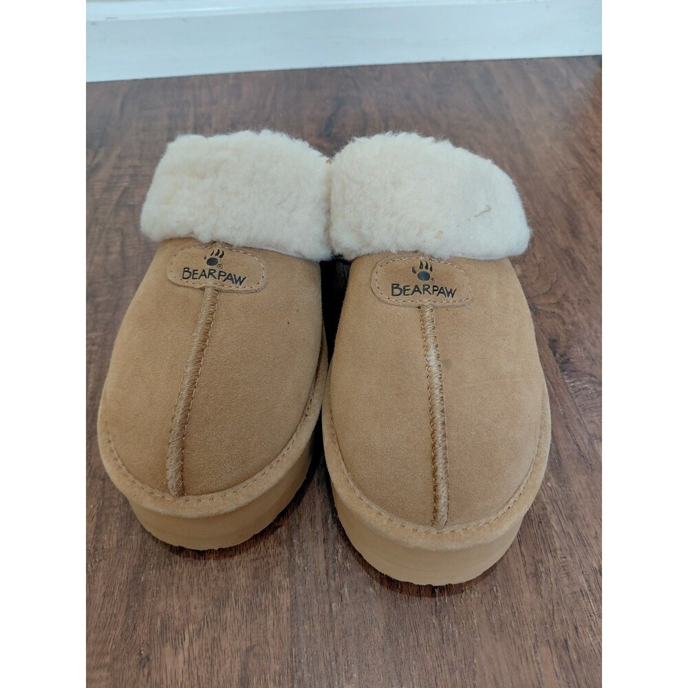 Bearpaw Platform Chunky Slippers, 10 Sheepskin, Tan Suede Leather - Picture 10 of 12